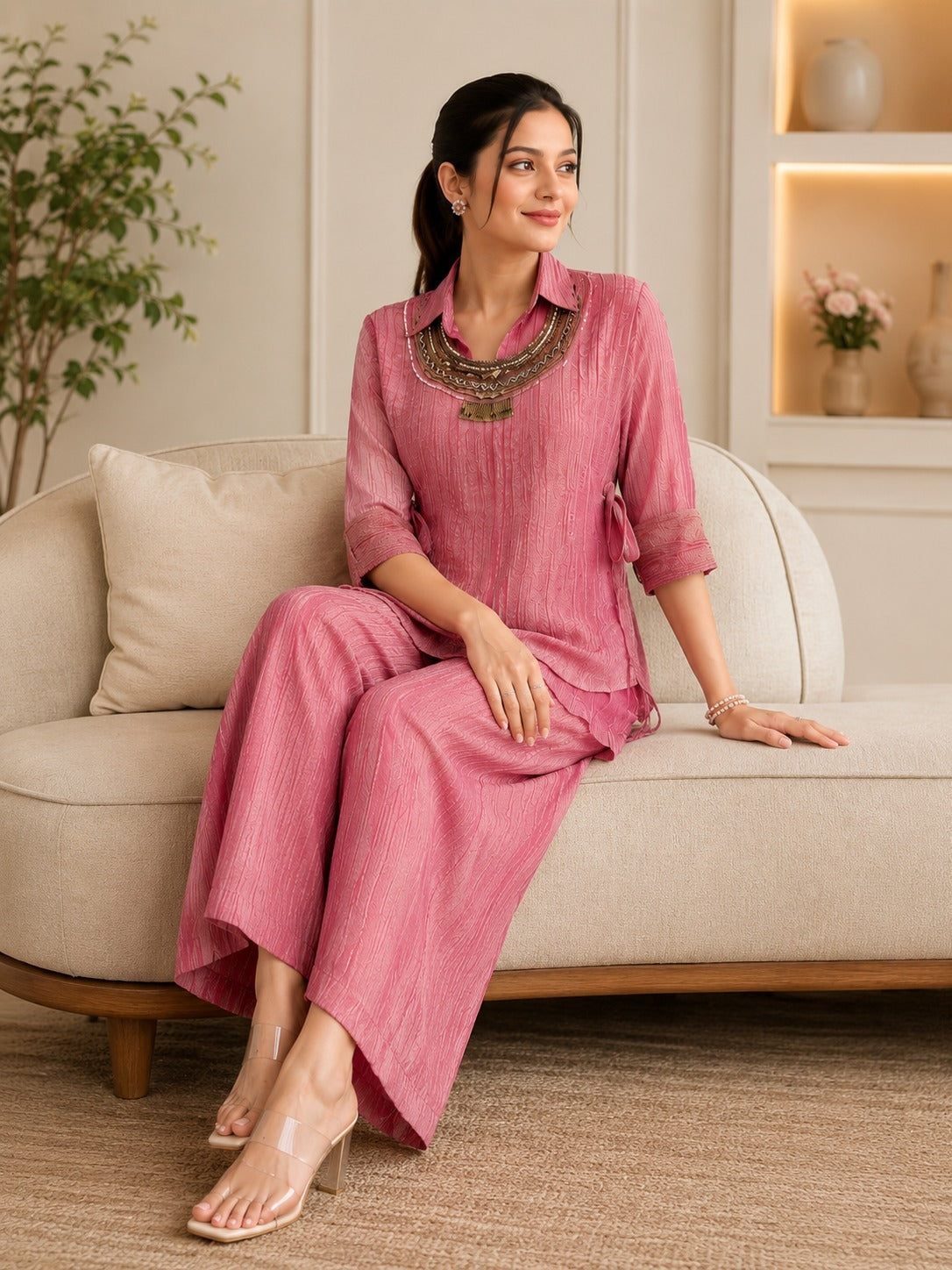 Pink Salsa Crushed Hand Work 3-Piece Co-Ord Set