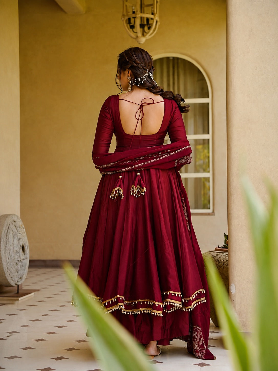Aarohi Maroon Roman Silk Anarkali Suit Set with Embroidered Chanderi Dupatta & Palazzo