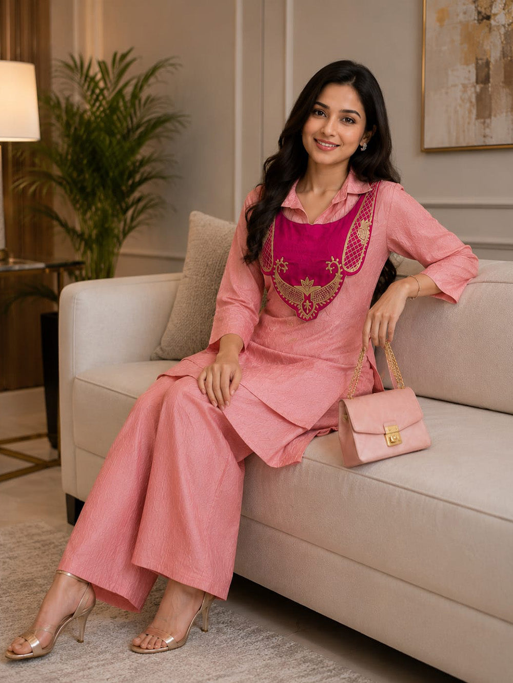 Mohika Rose Pink Crunchy Silk Embroidered Koti Kurti & Palazzo Set