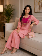 Mohika Rose Pink Crunchy Silk Embroidered Koti Kurti & Palazzo Set