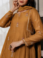 Mustard Premium Chinnon Embroidered A-Line Anarkali Pant & Dupatta Set