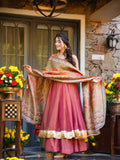 Pink NC Silk Crush Designer Flared Top Palazzo Dupatta Set