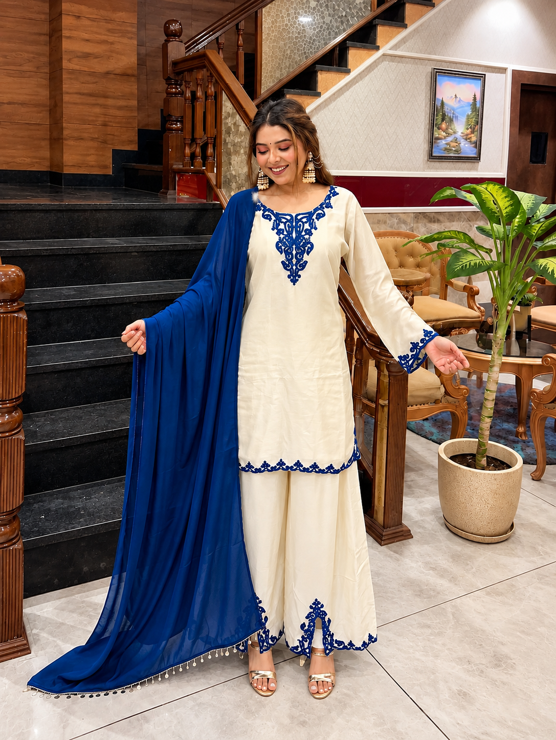 Bella Royal Blue Jarman Chinon Embroidered Palazzo Suit Set
