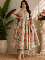 Noor Sage Floral Printed Anarkali Kurta Set with Dupatta
