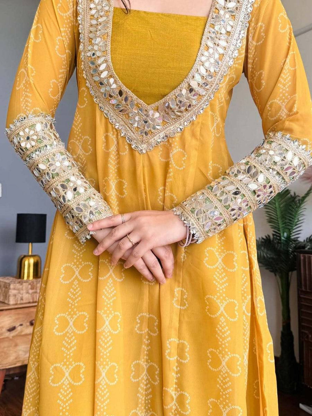 Mustard Bandhani Print Mirror Work Kurta Pant Set