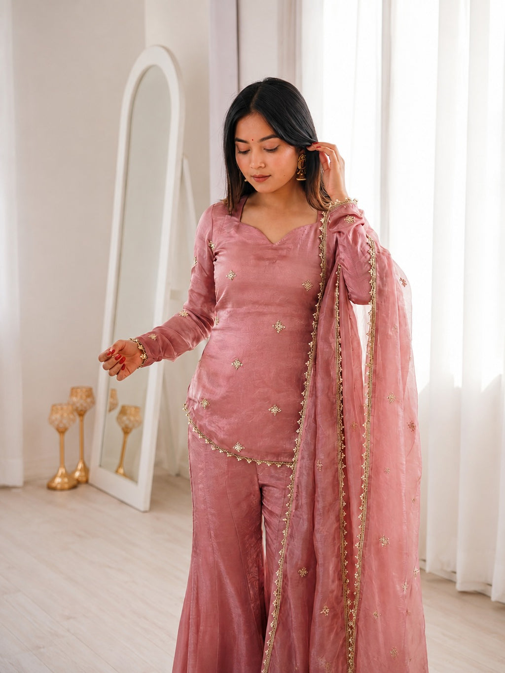 Dusty Pink Fendy Silk Embroidered Sequence Sharara Suit Set