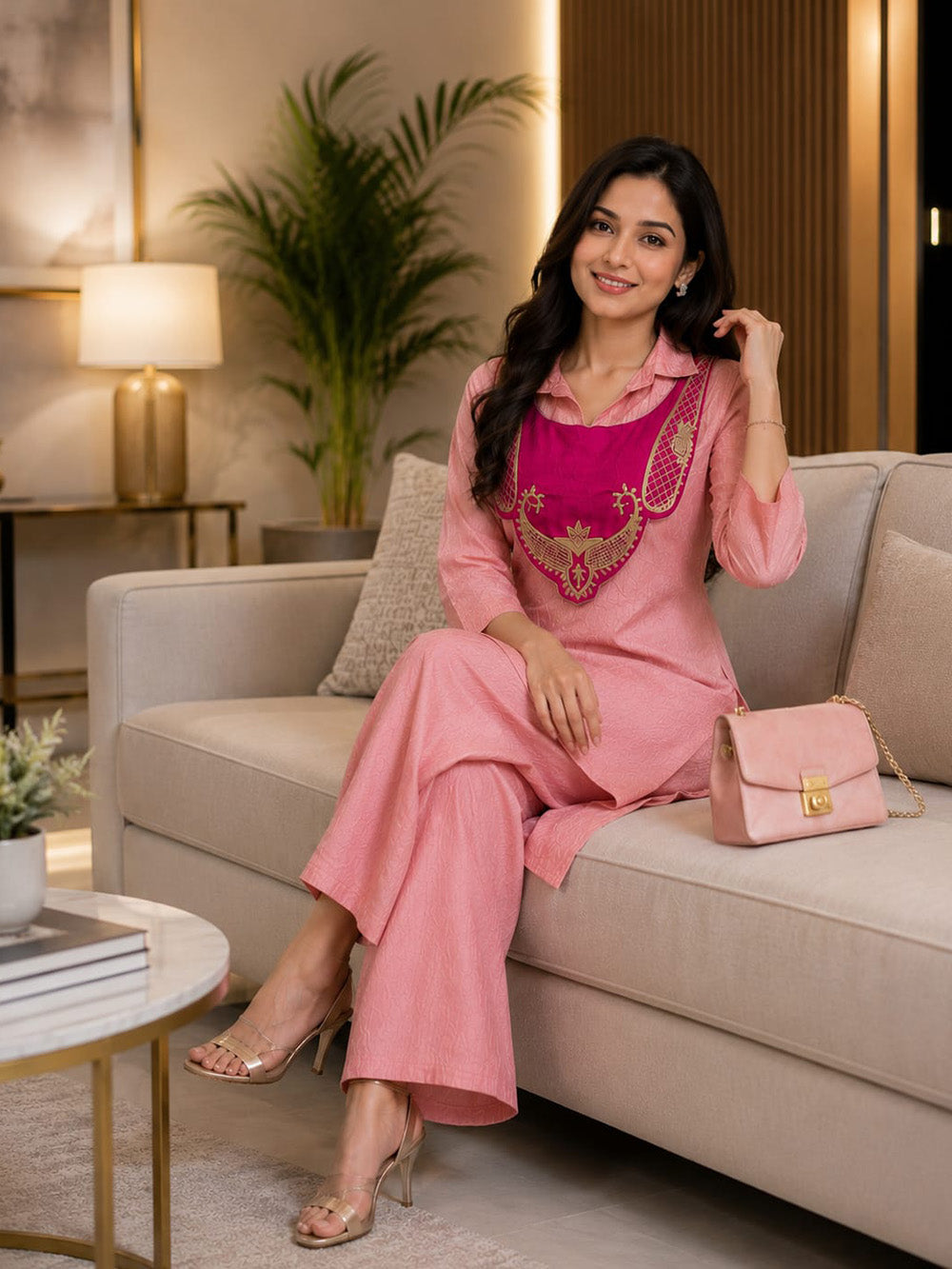 Mohika Rose Pink Crunchy Silk Embroidered Koti Kurti & Palazzo Set