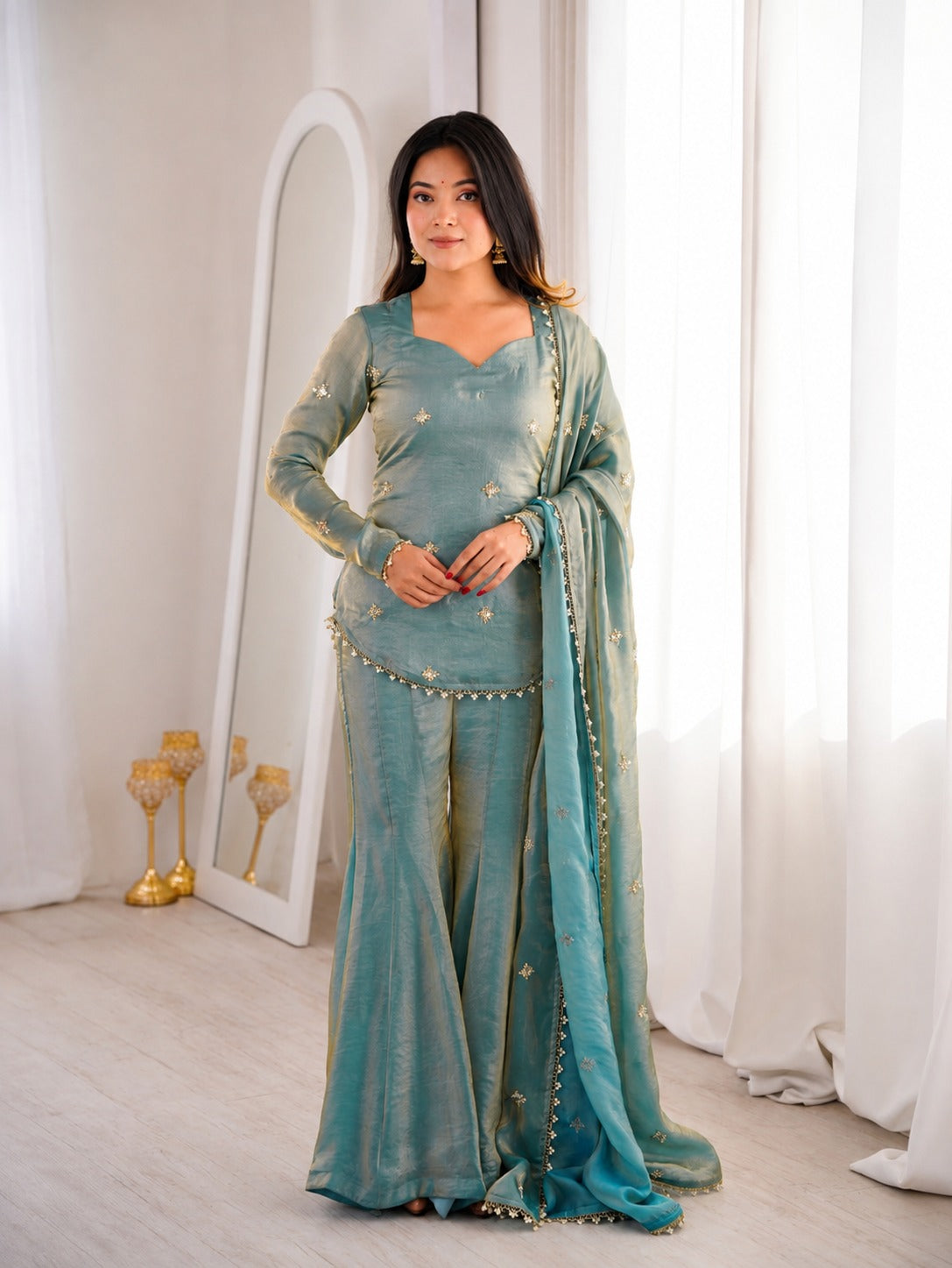 Sea Green Fendy Silk Embroidered Sequence Sharara Suit Set