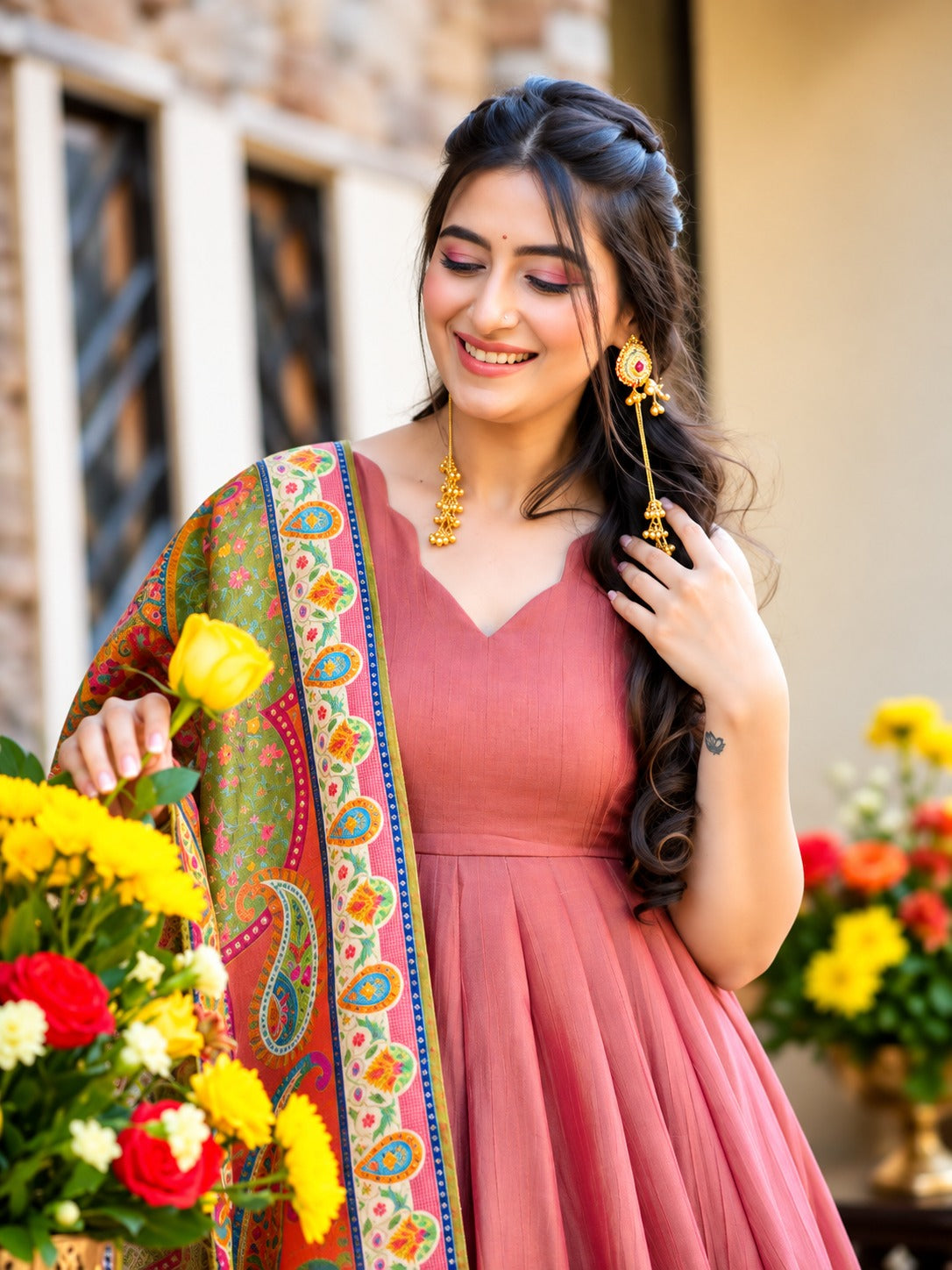 Pink NC Silk Crush Designer Flared Top Palazzo Dupatta Set