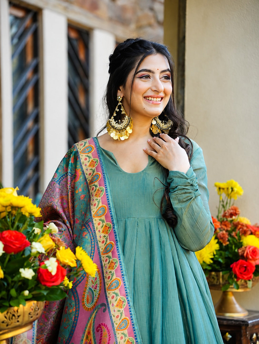 Aqua Blue NC Silk Crush Flared Top Palazzo Dupatta Set