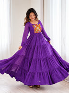Aaradhya Purple Laheriya Printed Gamthi Work 4-Layer Flared Anarkali Gown