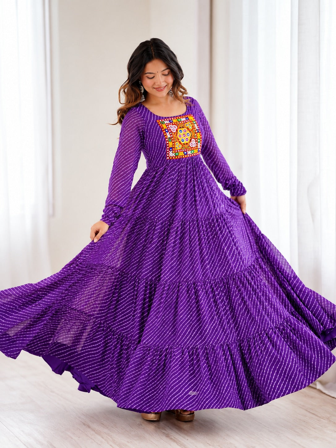 Aaradhya Purple Laheriya Printed Gamthi Work 4-Layer Flared Anarkali Gown