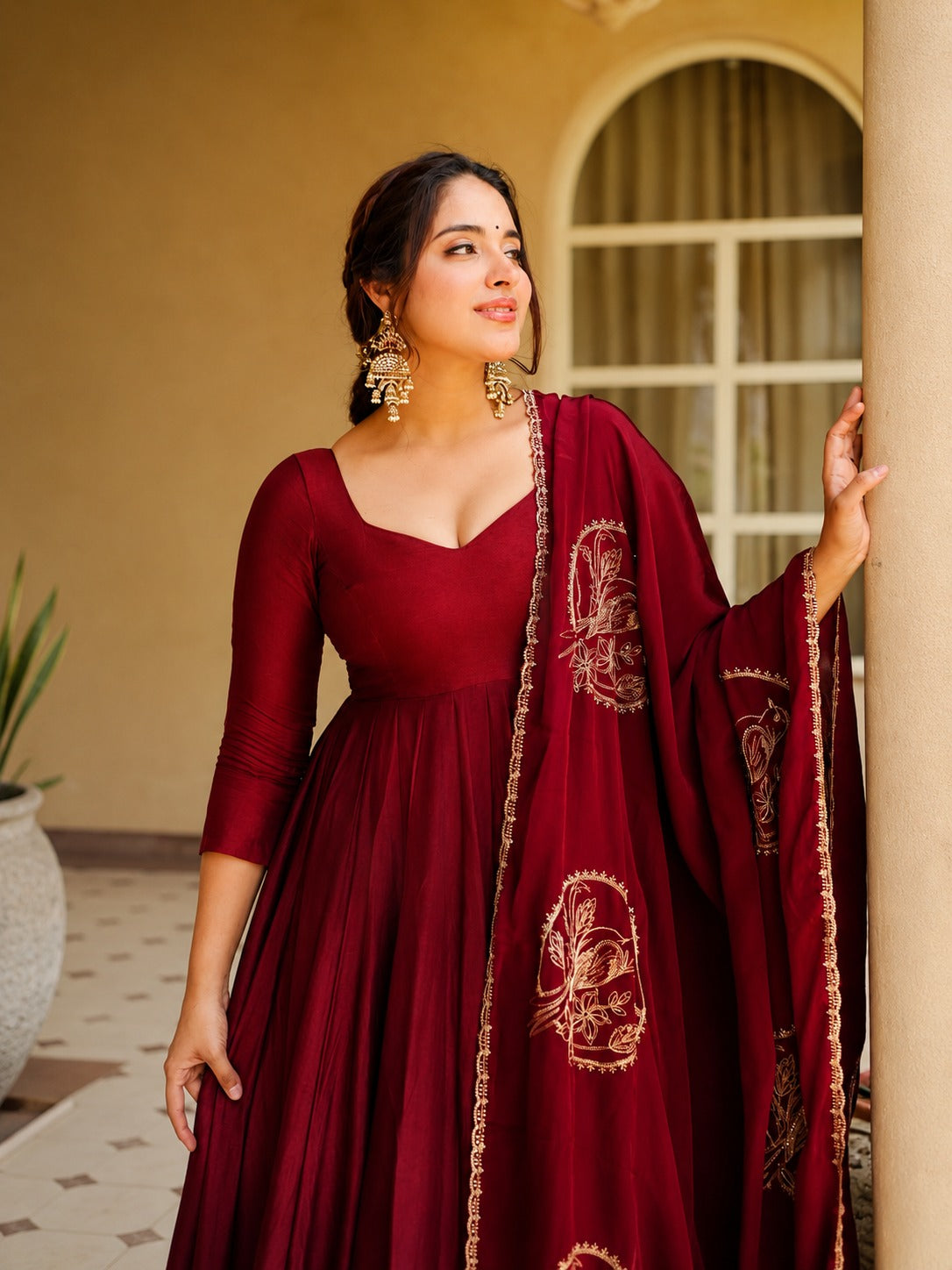 Aarohi Maroon Roman Silk Anarkali Suit Set with Embroidered Chanderi Dupatta & Palazzo
