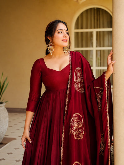 Aarohi Maroon Roman Silk Anarkali Suit Set with Embroidered Chanderi Dupatta & Palazzo