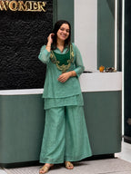 Mohika Mint Green Crunchy Silk Embroidered Koti Kurti & Palazzo Set