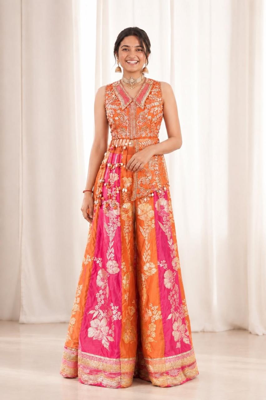 Shree orange and pink Bloom Printed Embroidered Dupatta & Palazzo Set