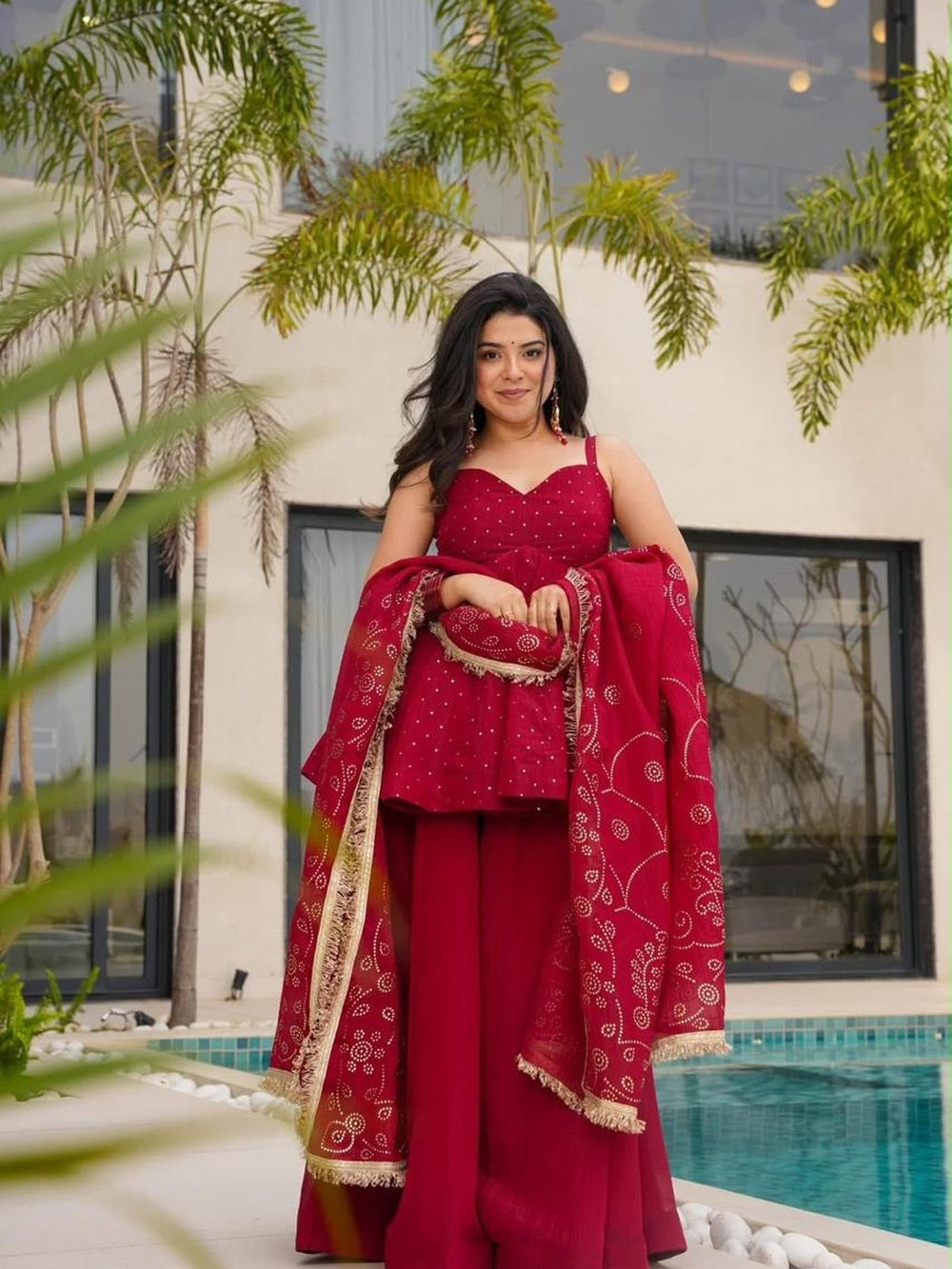 Red Mukaish Work Tabby Organza Sharara Set