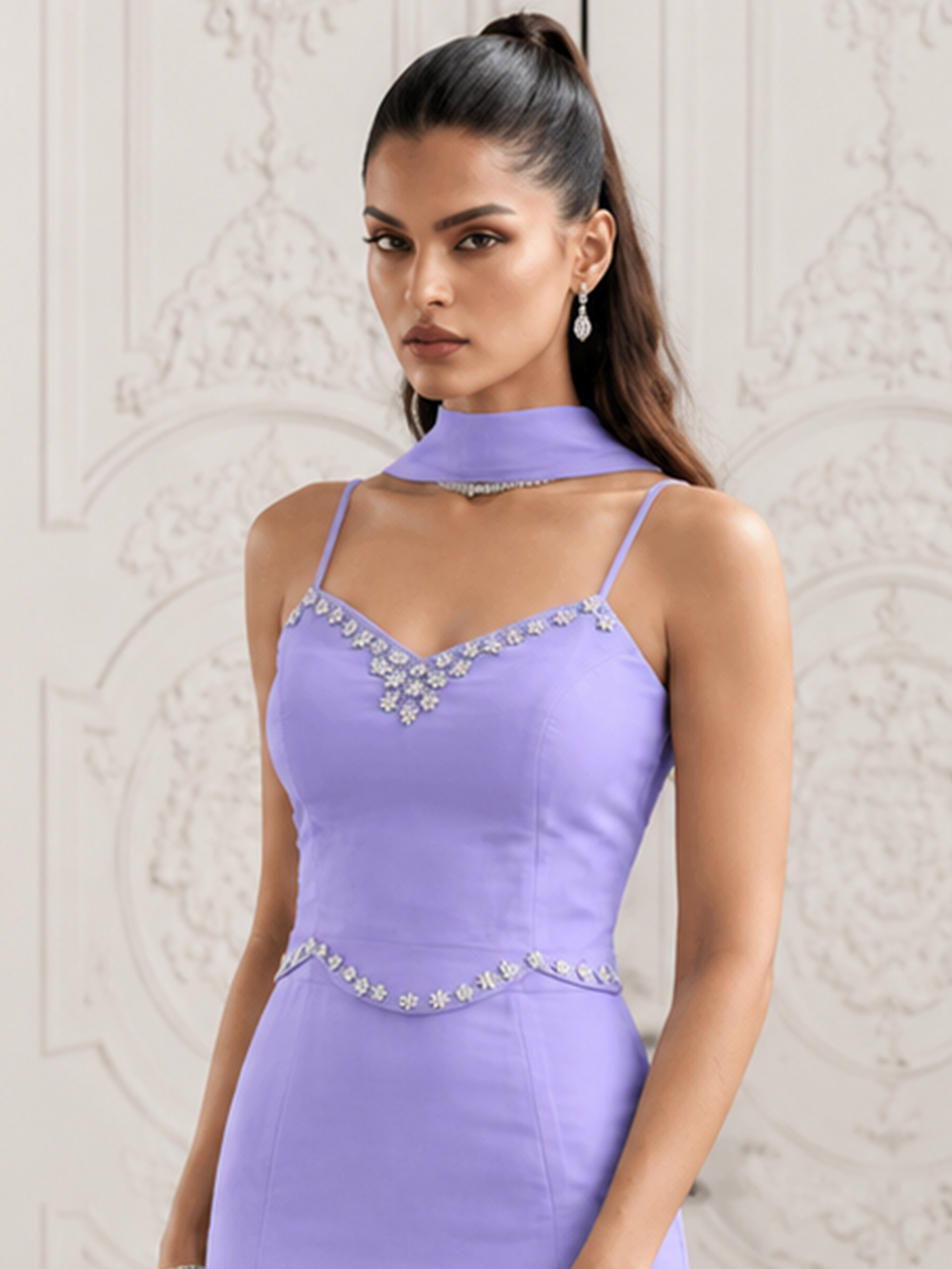Mahira Lavender Georgette Diamond Work Fish-Cut Gown Set