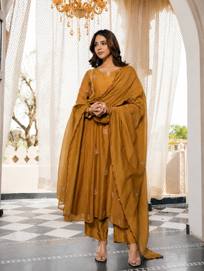 Mustard Premium Chinnon Embroidered A-Line Anarkali Pant & Dupatta Set
