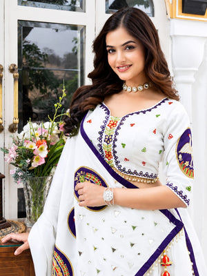 Hensi White & Purple Heavy Muslin Cotton Mirror Work Lehenga Choli Set