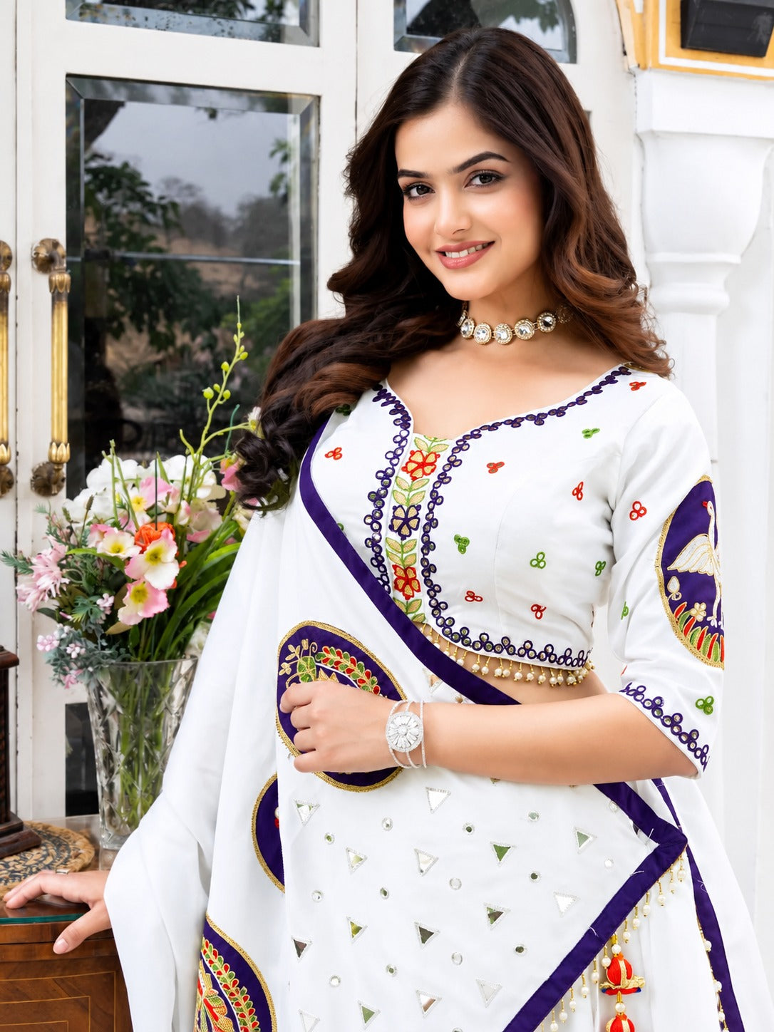 Hensi White & Purple Heavy Muslin Cotton Mirror Work Lehenga Choli Set