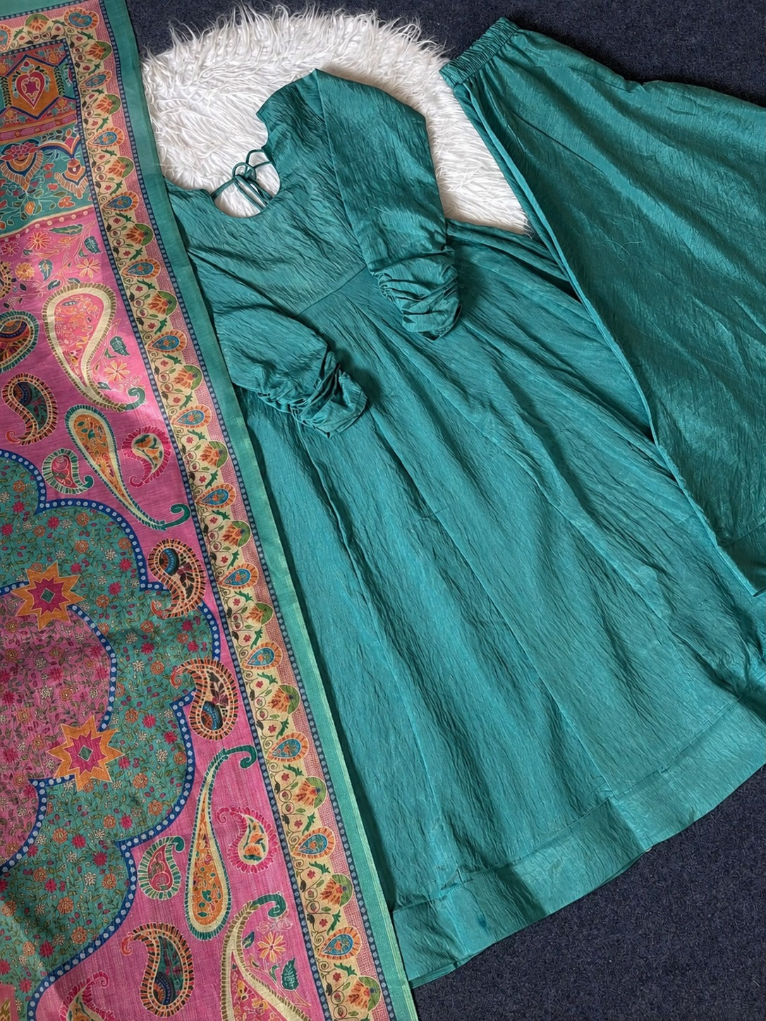 Aqua Blue NC Silk Crush Flared Top Palazzo Dupatta Set