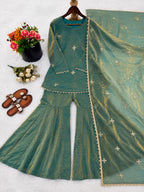 Sea Green Fendy Silk Embroidered Sequence Sharara Suit Set