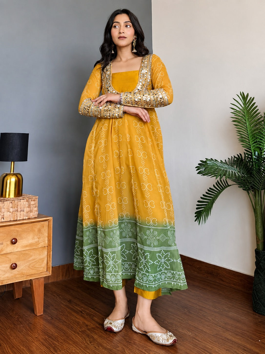 Mustard Bandhani Print Mirror Work Kurta Pant Set