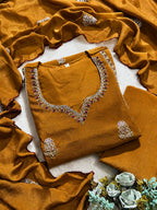 Mustard Premium Chinnon Embroidered A-Line Anarkali Pant & Dupatta Set