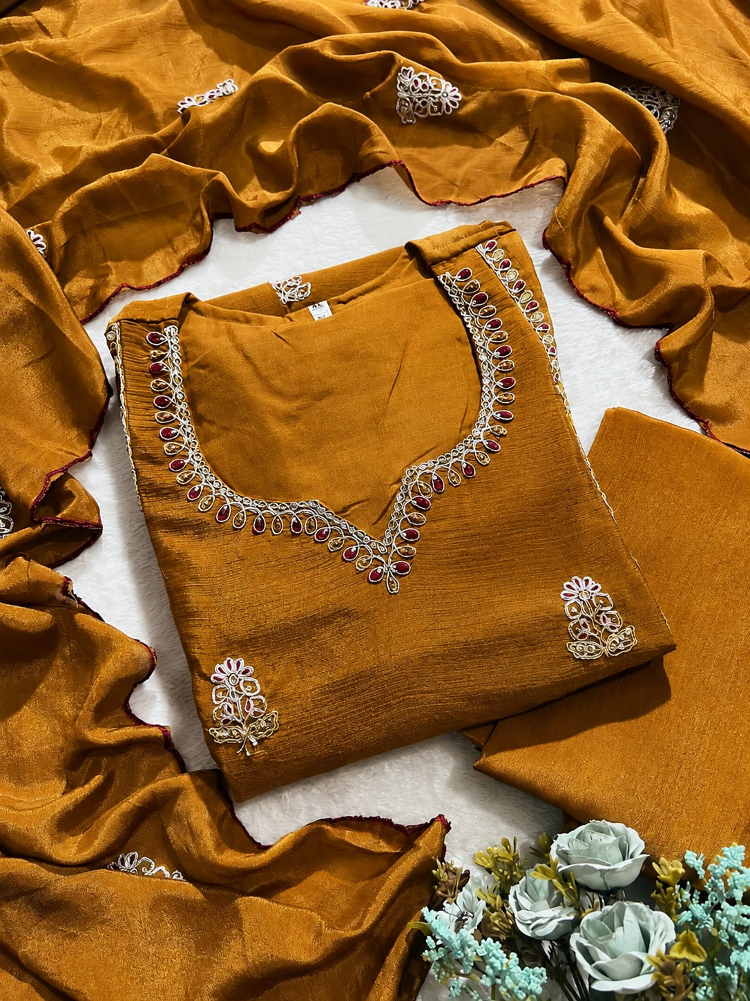 Mustard Premium Chinnon Embroidered A-Line Anarkali Pant & Dupatta Set