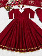 Aarohi Maroon Roman Silk Anarkali Suit Set with Embroidered Chanderi Dupatta & Palazzo