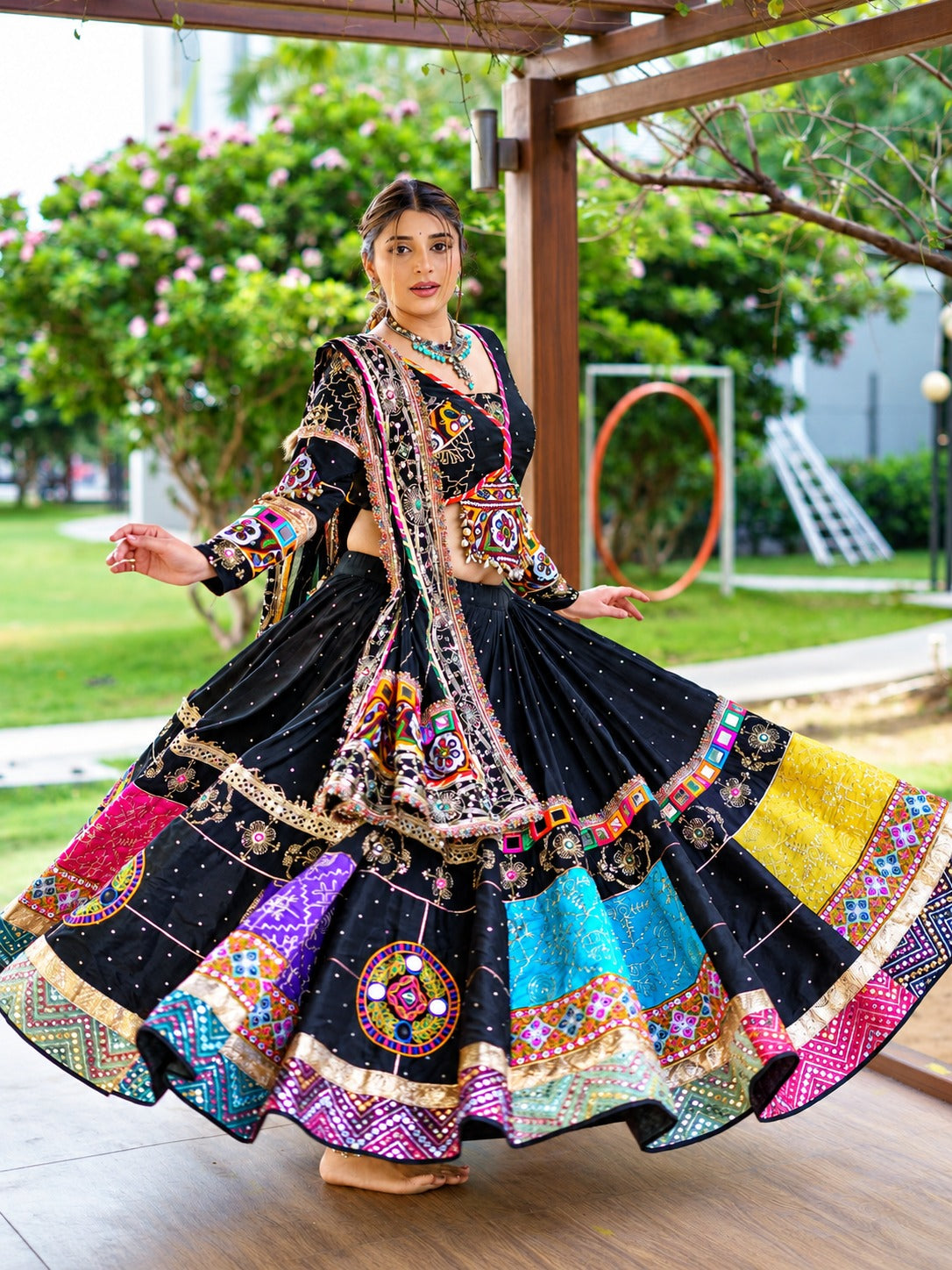 Ishita Multicolor Mirror Work Muslin Cotton Lehenga Choli Set