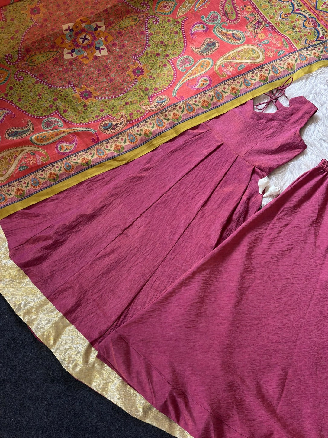 Pink NC Silk Crush Designer Flared Top Palazzo Dupatta Set