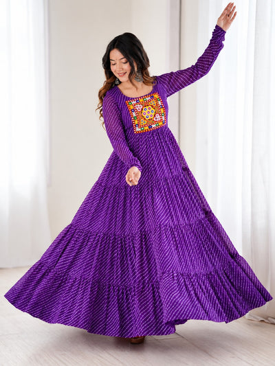 Aaradhya Purple Laheriya Printed Gamthi Work 4-Layer Flared Anarkali Gown