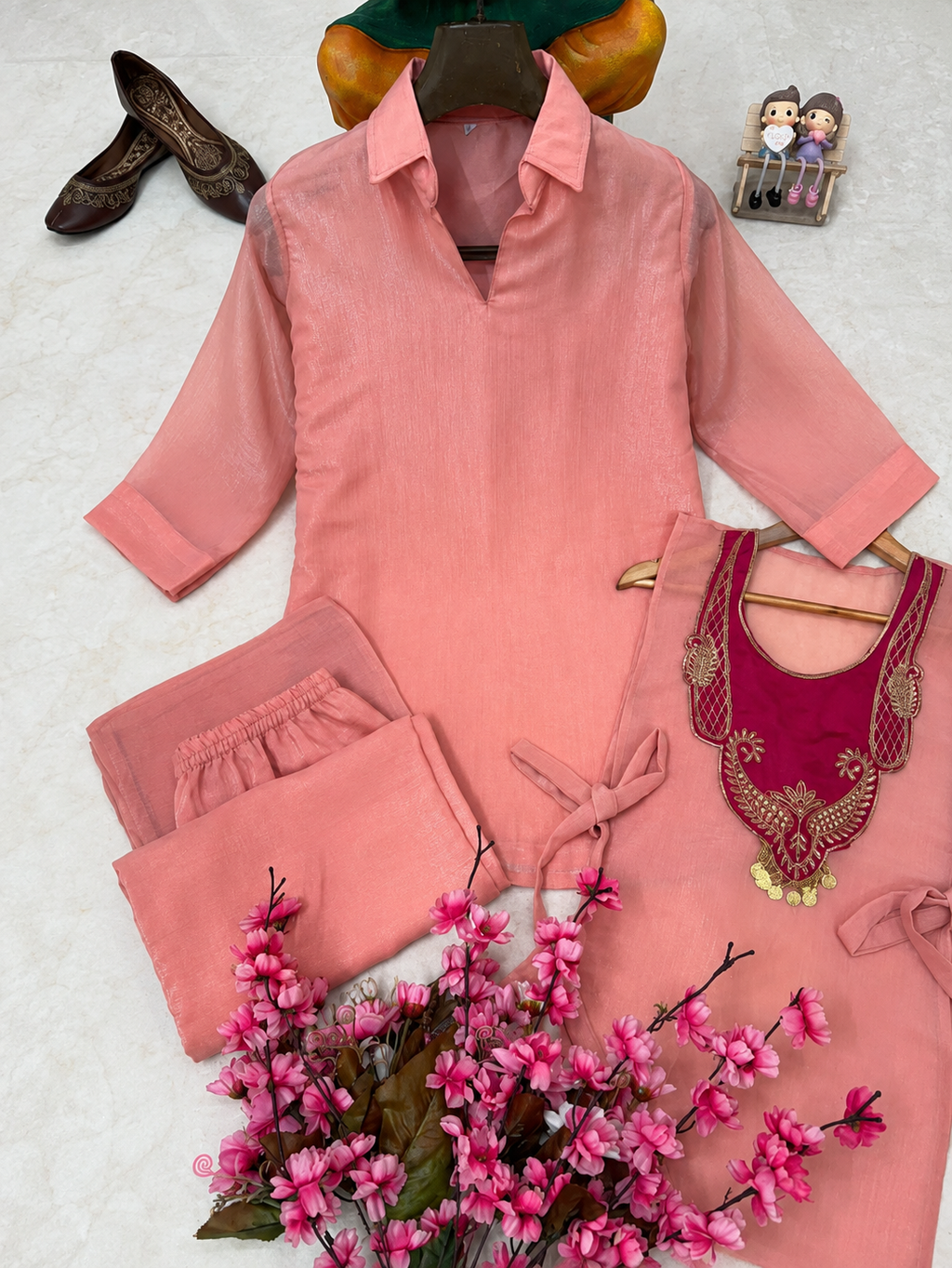 Mohika Rose Pink Crunchy Silk Embroidered Koti Kurti & Palazzo Set