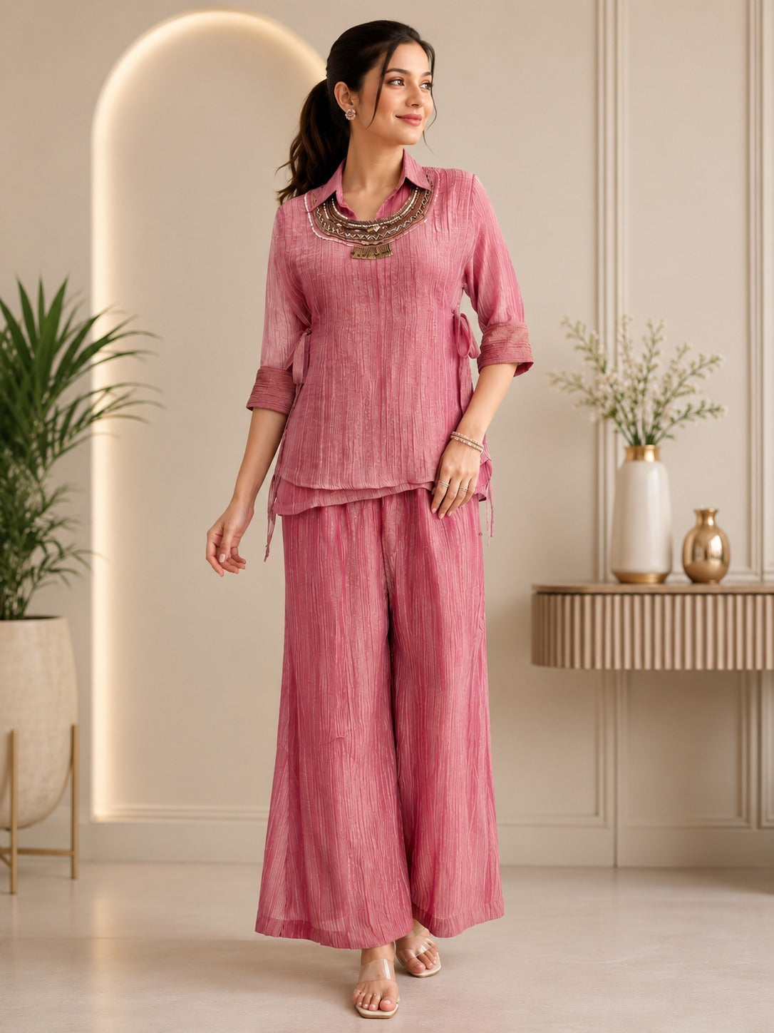Pink Salsa Crushed Hand Work 3-Piece Co-Ord Set