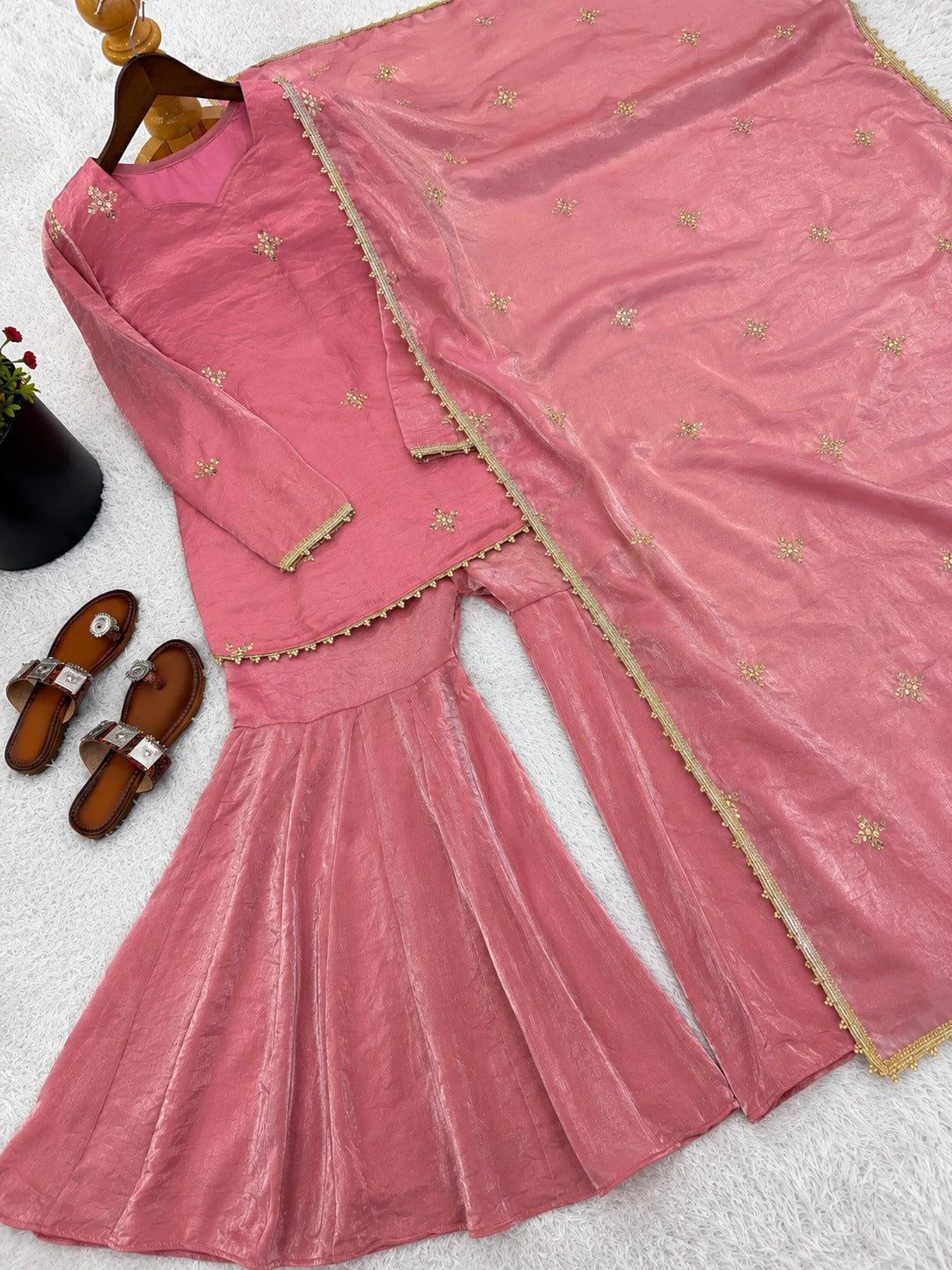 Dusty Pink Fendy Silk Embroidered Sequence Sharara Suit Set