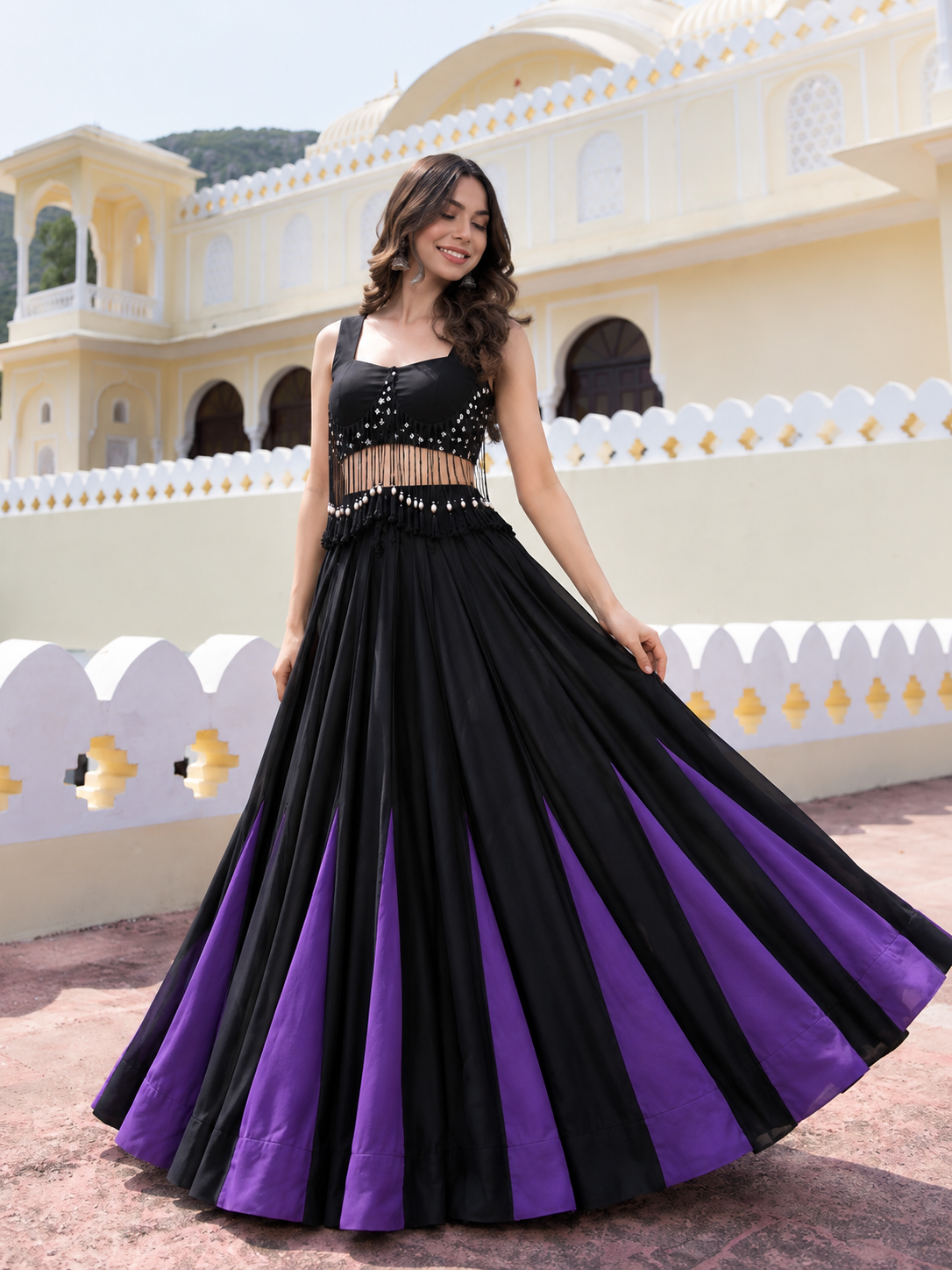 Noor Black & Purple Cotton Kali Lehenga Set | Designer Charm Blouse