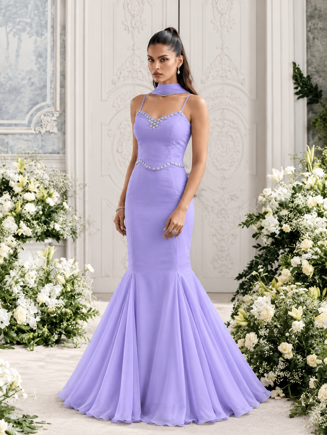 Mahira Lavender Georgette Diamond Work Fish-Cut Gown Set