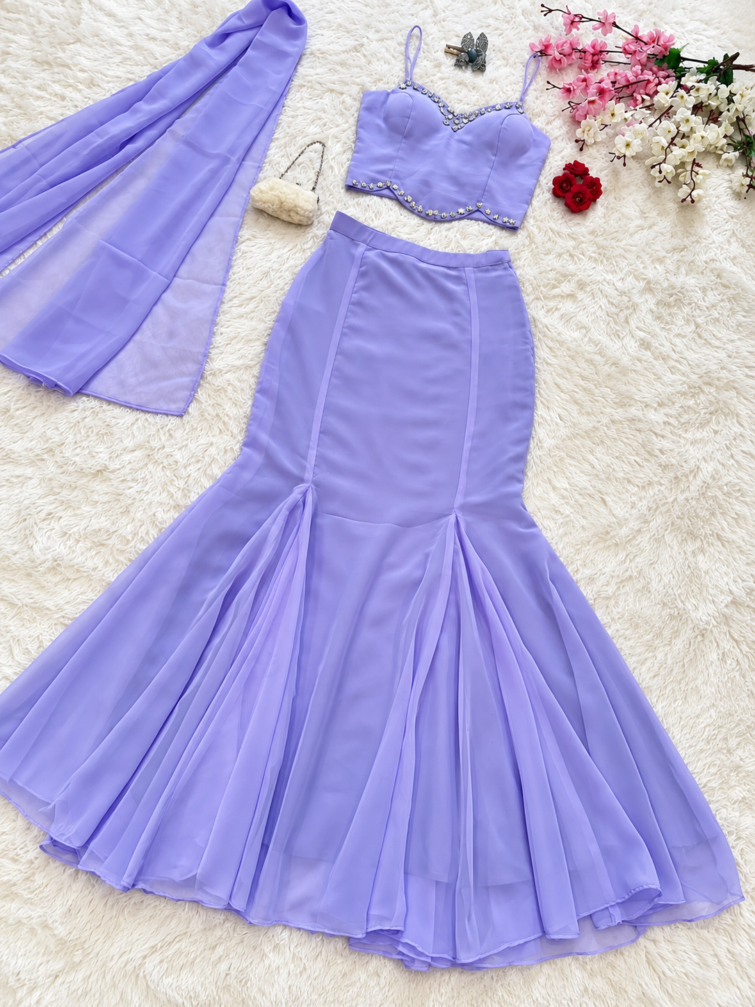 Mahira Lavender Georgette Diamond Work Fish-Cut Gown Set