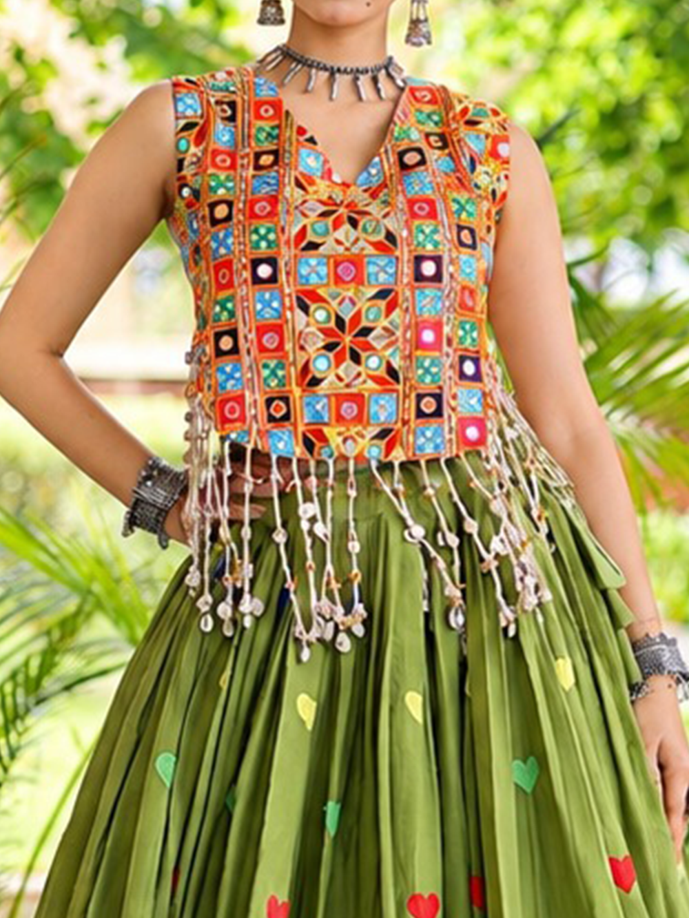 Aarohi Olive Green Gamthi Mirror Work Cotton Lehenga Set
