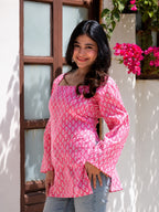 Square Neck Tie-Back Pink Short Kurti