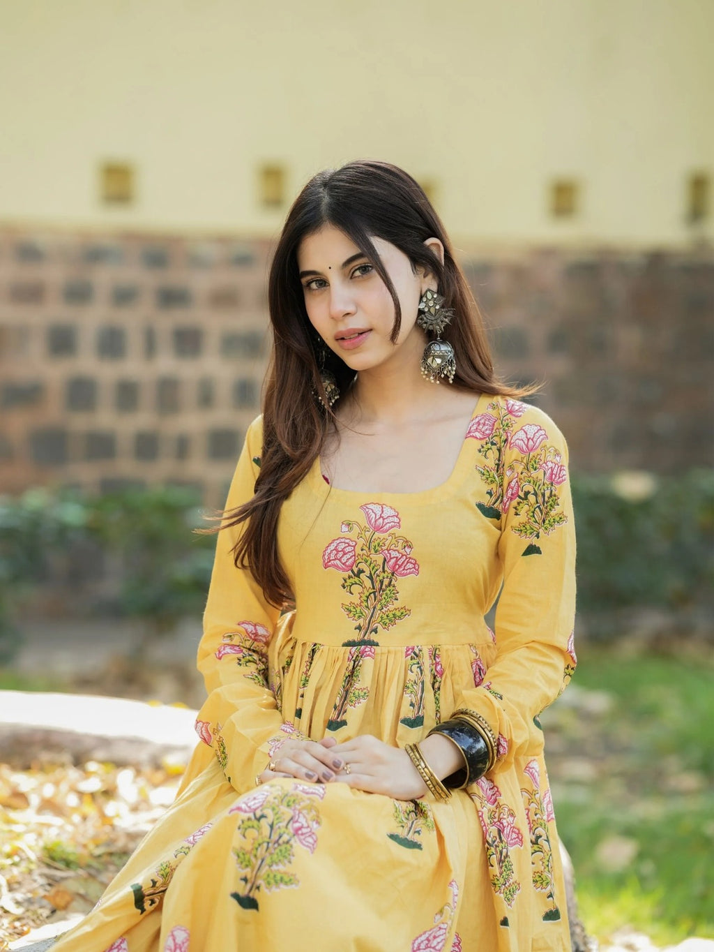 Saffron Bloom Anarkali Dress | Hand Block Printed Cotton | Full Sleeves