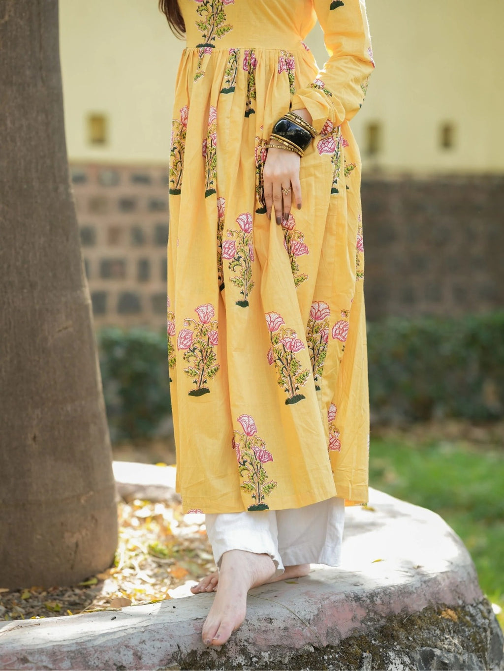 Saffron Bloom Anarkali Dress | Hand Block Printed Cotton | Full Sleeves
