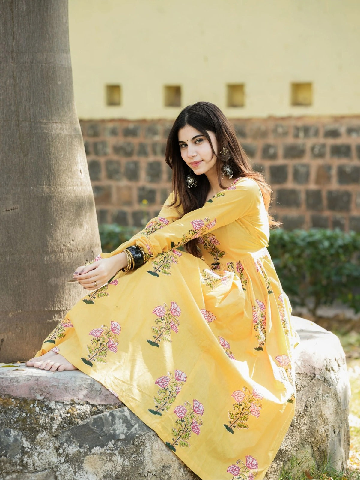 Saffron Bloom Anarkali Dress | Hand Block Printed Cotton | Full Sleeves