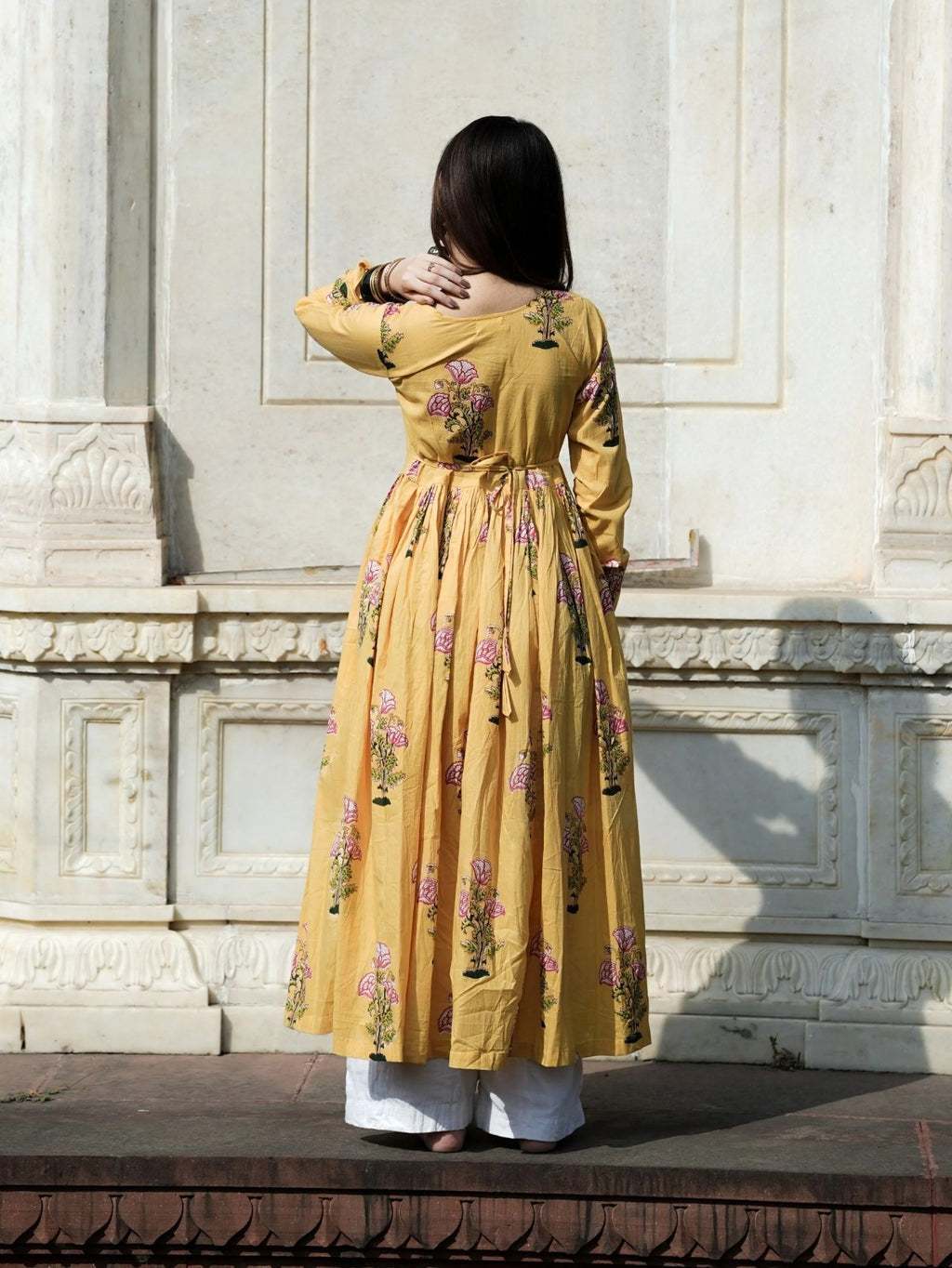 Saffron Bloom Anarkali Dress | Hand Block Printed Cotton | Full Sleeves