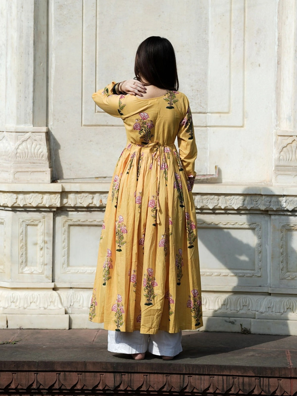 Saffron Bloom Anarkali Dress | Hand Block Printed Cotton | Full Sleeves