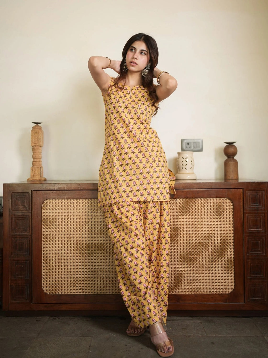 Golden Bloom Co-ord Set |  Sleeveless Kurta & Wide Leg Palazzo