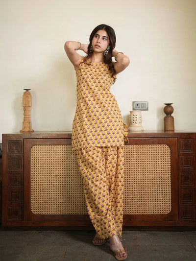 Golden Bloom Co-ord Set |  Sleeveless Kurta & Wide Leg Palazzo