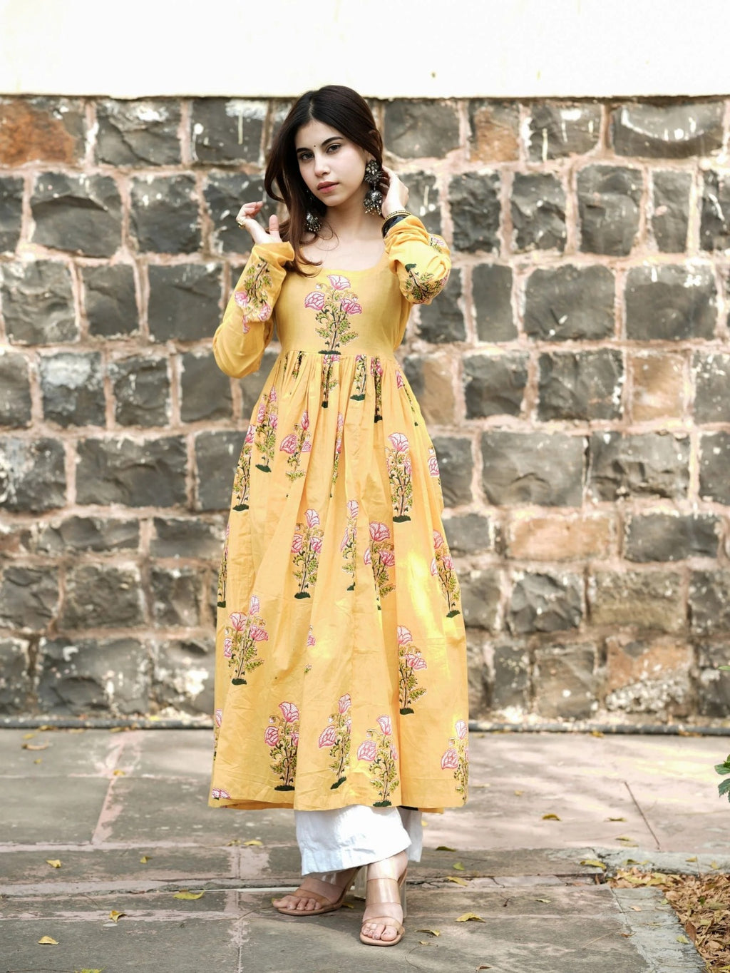Saffron Bloom Anarkali Dress | Hand Block Printed Cotton | Full Sleeves
